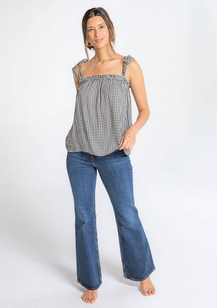 Gingham Linen Blend Tie Shoulder Tank Top: Black/Natural