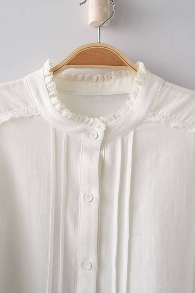 Victorian Ruffle Neck Romantic Statement Button Down Blouse: WHITE