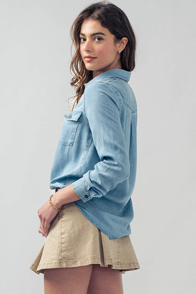 Classic Tencel Utility Casual Button Down Chambray Shirt