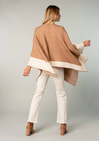 Relaxed Color Block Cape Cardigan Poncho: H. Camel/H.Ivory / One Size