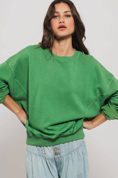 Crew Neck Comfort Washed Organic Cotton Spring Sweatshirt: GREEN