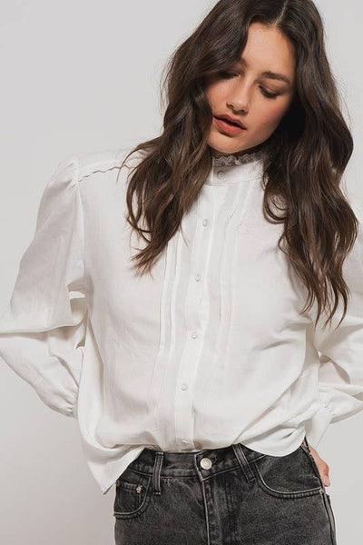 Victorian Ruffle Neck Romantic Statement Button Down Blouse: WHITE