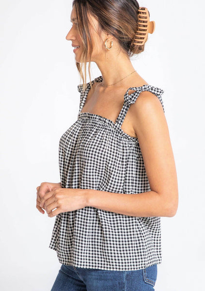 Gingham Linen Blend Tie Shoulder Tank Top: Black/Natural