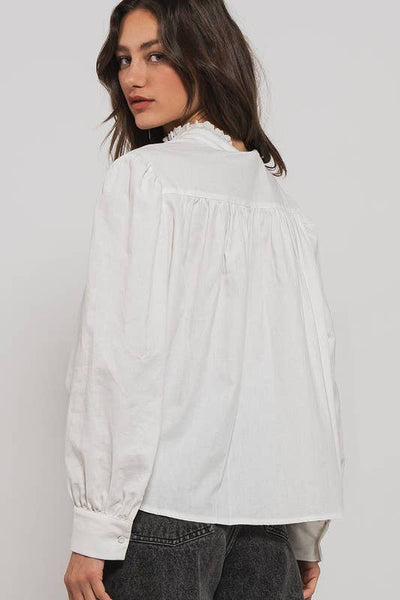 Victorian Ruffle Neck Romantic Statement Button Down Blouse: WHITE