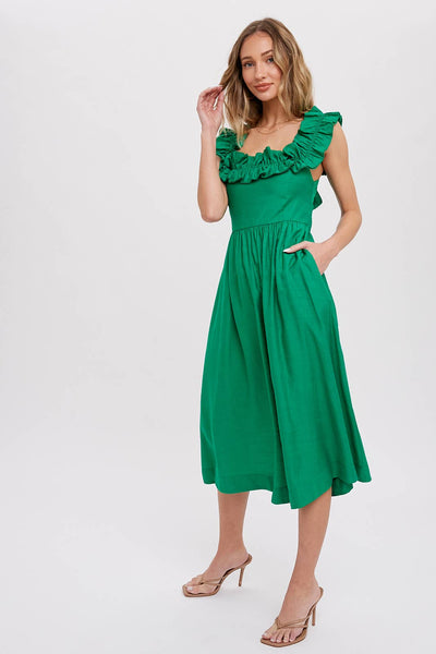 Ruffled Square Neck Midi Dress - Kelly Green