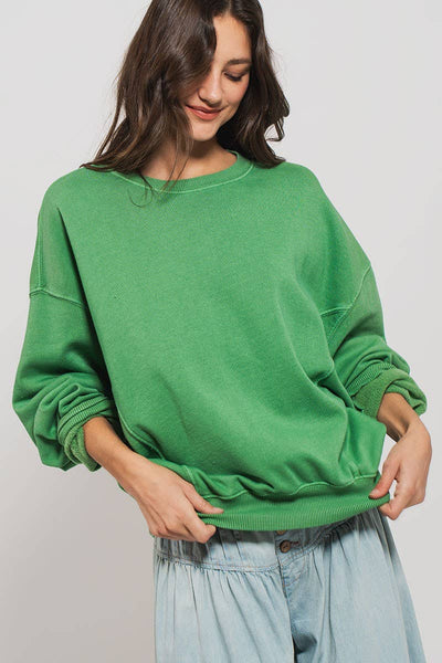 Crew Neck Comfort Washed Organic Cotton Spring Sweatshirt: GREEN