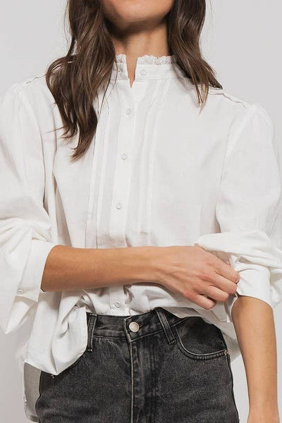 Victorian Ruffle Neck Romantic Statement Button Down Blouse: WHITE