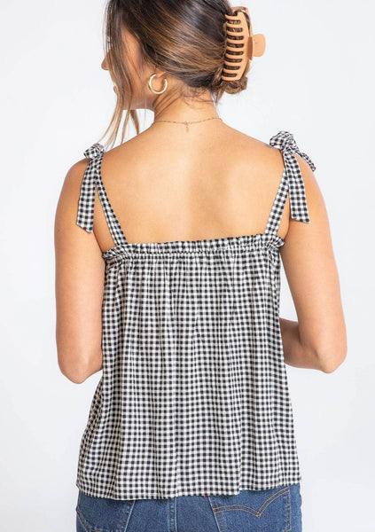 Gingham Linen Blend Tie Shoulder Tank Top: Black/Natural