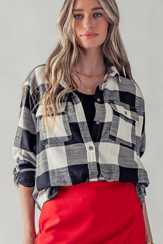 PLAID FLANNEL BUTTON DOWN SHIRT : BLACK / S-2/M-2/L-2