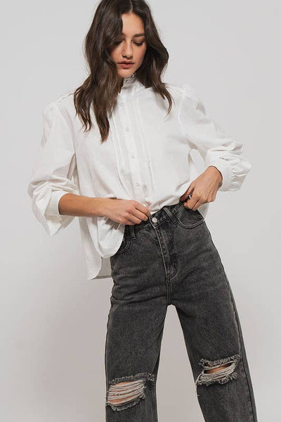 Victorian Ruffle Neck Romantic Statement Button Down Blouse: WHITE