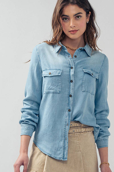 Classic Tencel Utility Casual Button Down Chambray Shirt