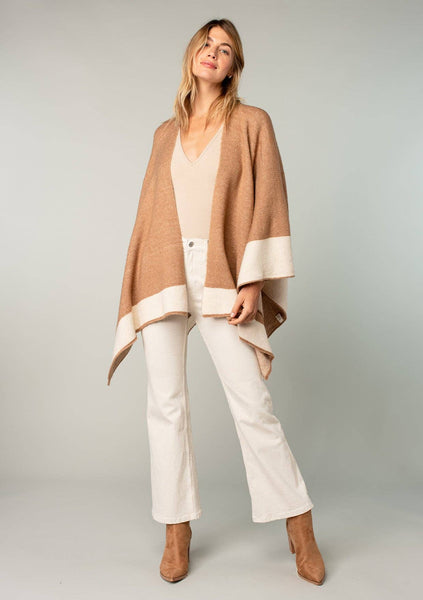 Relaxed Color Block Cape Cardigan Poncho: H. Camel/H.Ivory / One Size