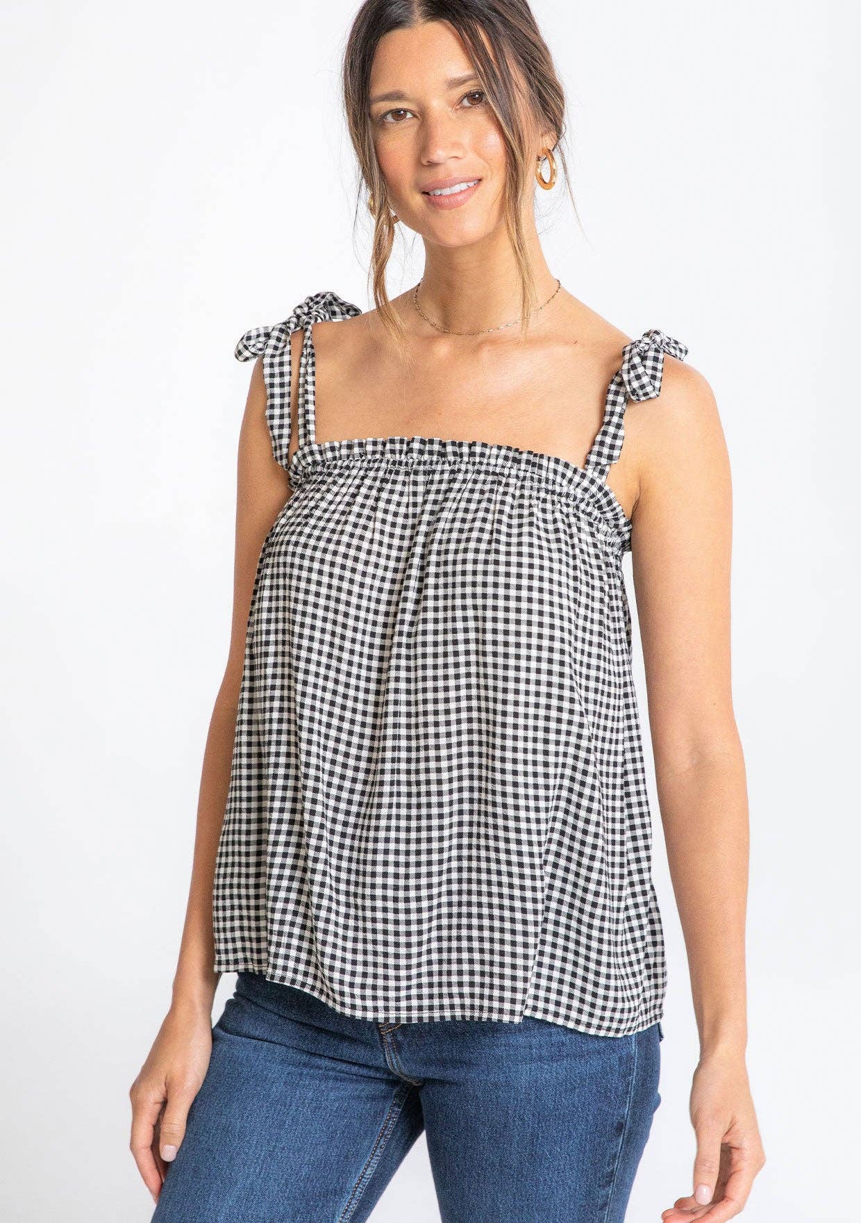 Gingham Linen Blend Tie Shoulder Tank Top: Black/Natural