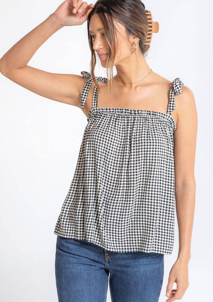 Gingham Linen Blend Tie Shoulder Tank Top: Black/Natural