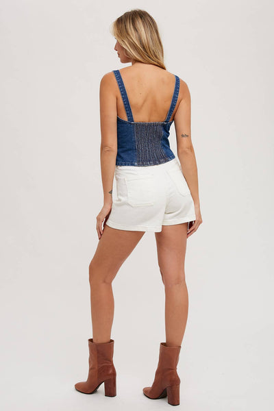 Denim Button Front Sleeveless Crop Top: Washed Denim