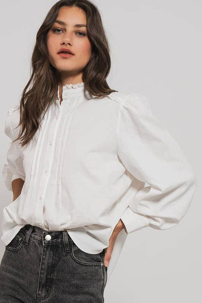 Victorian Ruffle Neck Romantic Statement Button Down Blouse: WHITE