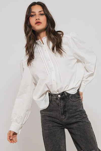 Victorian Ruffle Neck Romantic Statement Button Down Blouse: WHITE