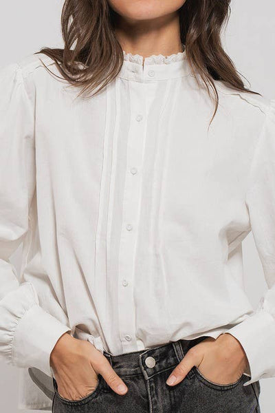 Victorian Ruffle Neck Romantic Statement Button Down Blouse: WHITE