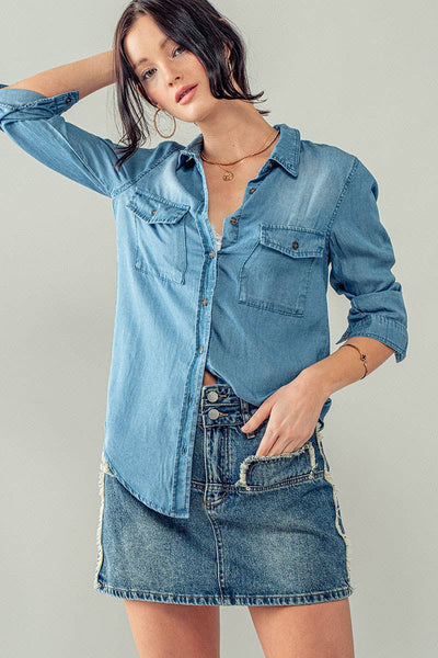 Classic Tencel Utility Casual Button Down Chambray Shirt