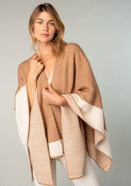 Relaxed Color Block Cape Cardigan Poncho: H. Camel/H.Ivory / One Size