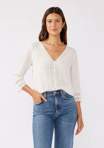 3/4 Sleeve V-Neck Button Down Blouse : Vanilla