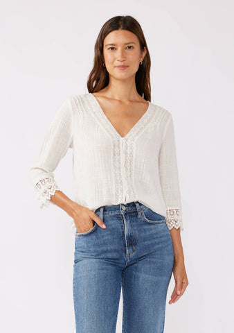 3/4 Sleeve V-Neck Button Down Blouse : Vanilla