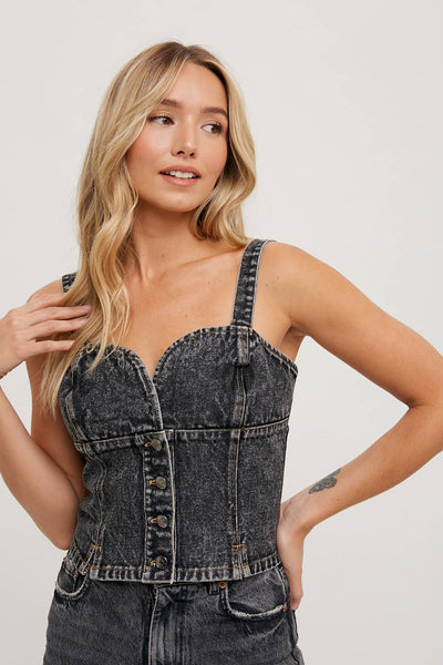 Denim Button Front Sleeveless Crop Top: Washed Denim