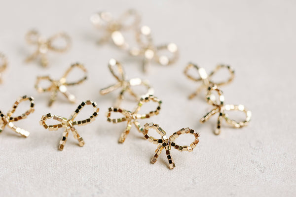 Mini Gold Beaded Statement Bow Earrings