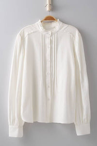 Victorian Ruffle Neck Romantic Statement Button Down Blouse: WHITE