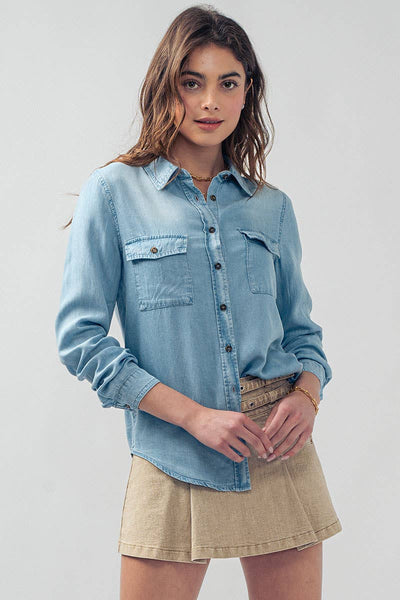 Classic Tencel Utility Casual Button Down Chambray Shirt