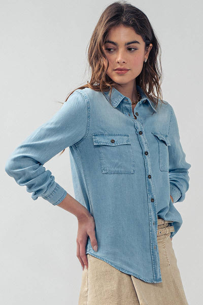 Classic Tencel Utility Casual Button Down Chambray Shirt