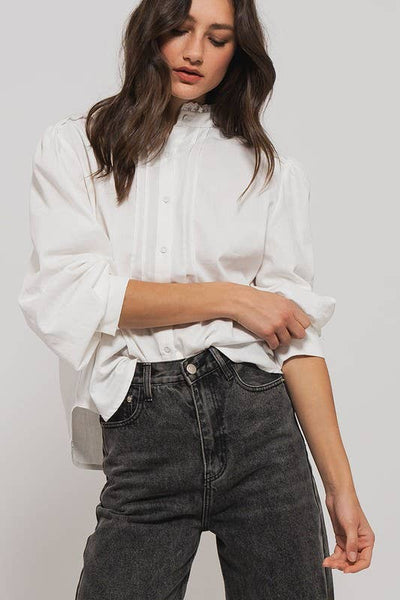 Victorian Ruffle Neck Romantic Statement Button Down Blouse: WHITE