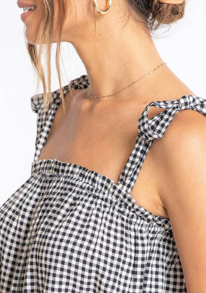 Gingham Linen Blend Tie Shoulder Tank Top: Black/Natural