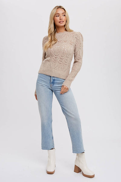 Puff Sleeve Pointelle Pullover Sweater - Mint