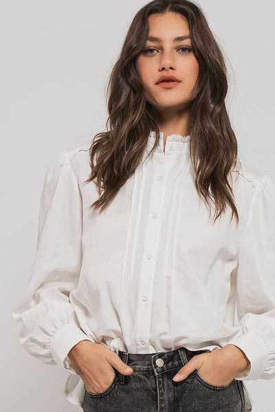 Victorian Ruffle Neck Romantic Statement Button Down Blouse: WHITE