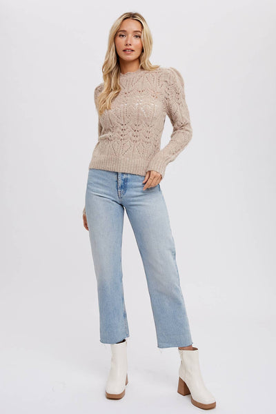 Puff Sleeve Pointelle Pullover Sweater - Mint