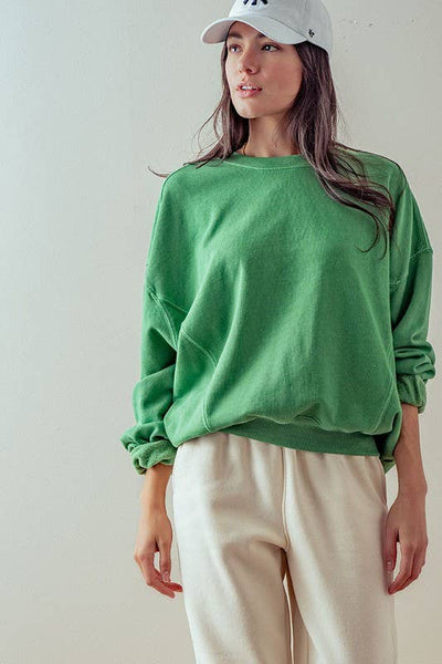 Crew Neck Comfort Washed Organic Cotton Spring Sweatshirt: GREEN