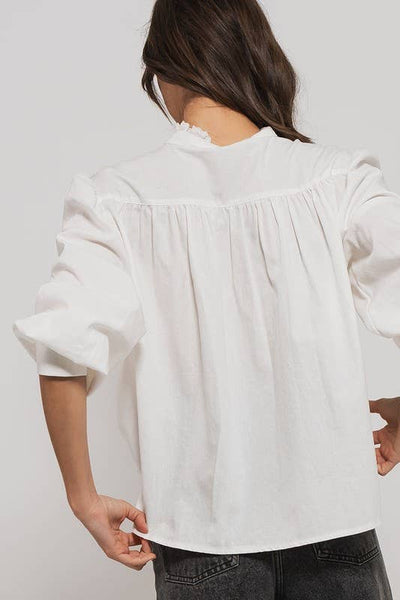 Victorian Ruffle Neck Romantic Statement Button Down Blouse: WHITE