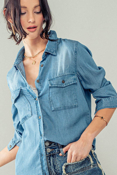 Classic Tencel Utility Casual Button Down Chambray Shirt