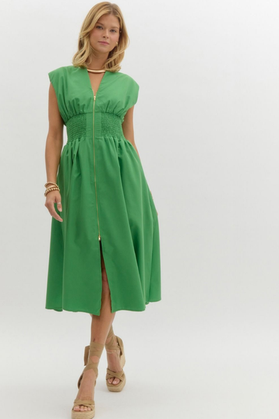 Zip Front Midi Dress - Green