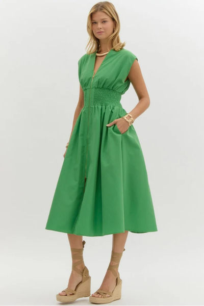 Zip Front Midi Dress - Green