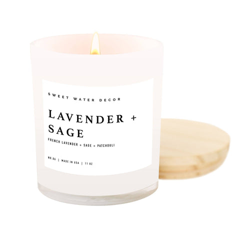 Soy Candle - Lavender and Sage - White Jar Candle + Wood Lid