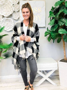 Cozy Black Buffalo Check Plaid Open Poncho