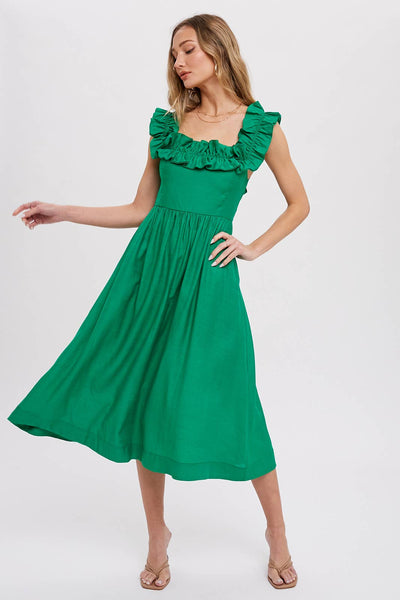 Ruffled Square Neck Midi Dress - Kelly Green