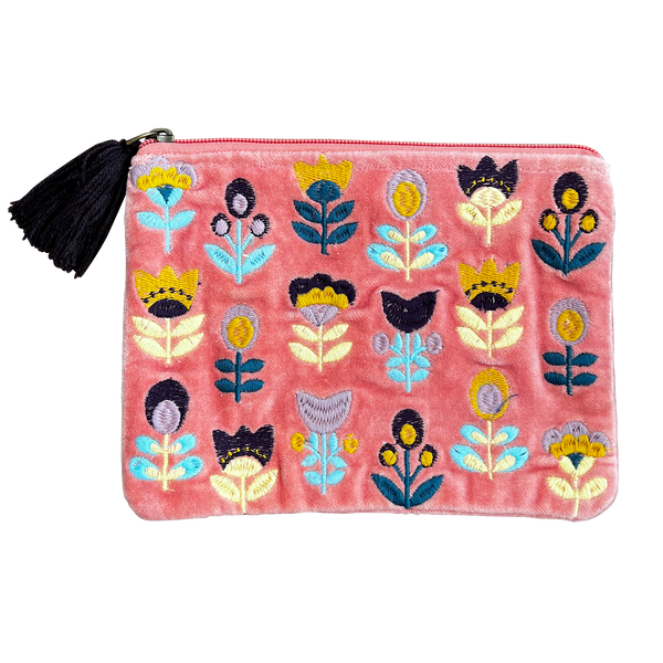 Embroidered Tulips on Pink Coin Purse: Medium