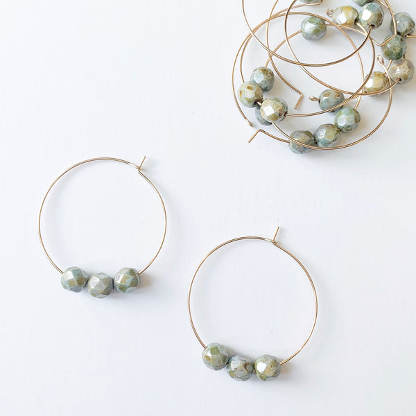 Olive Glass Beaded Hoop Earrings - small