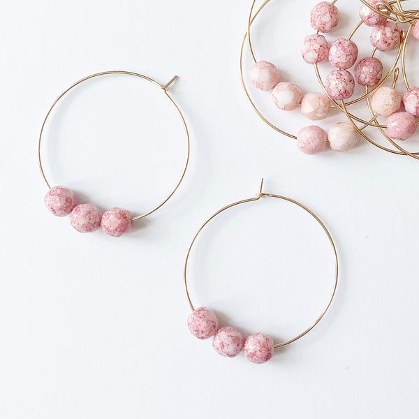 Pink Glass Beaded Hoop Earrings - small