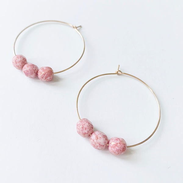 Pink Glass Beaded Hoop Earrings - small