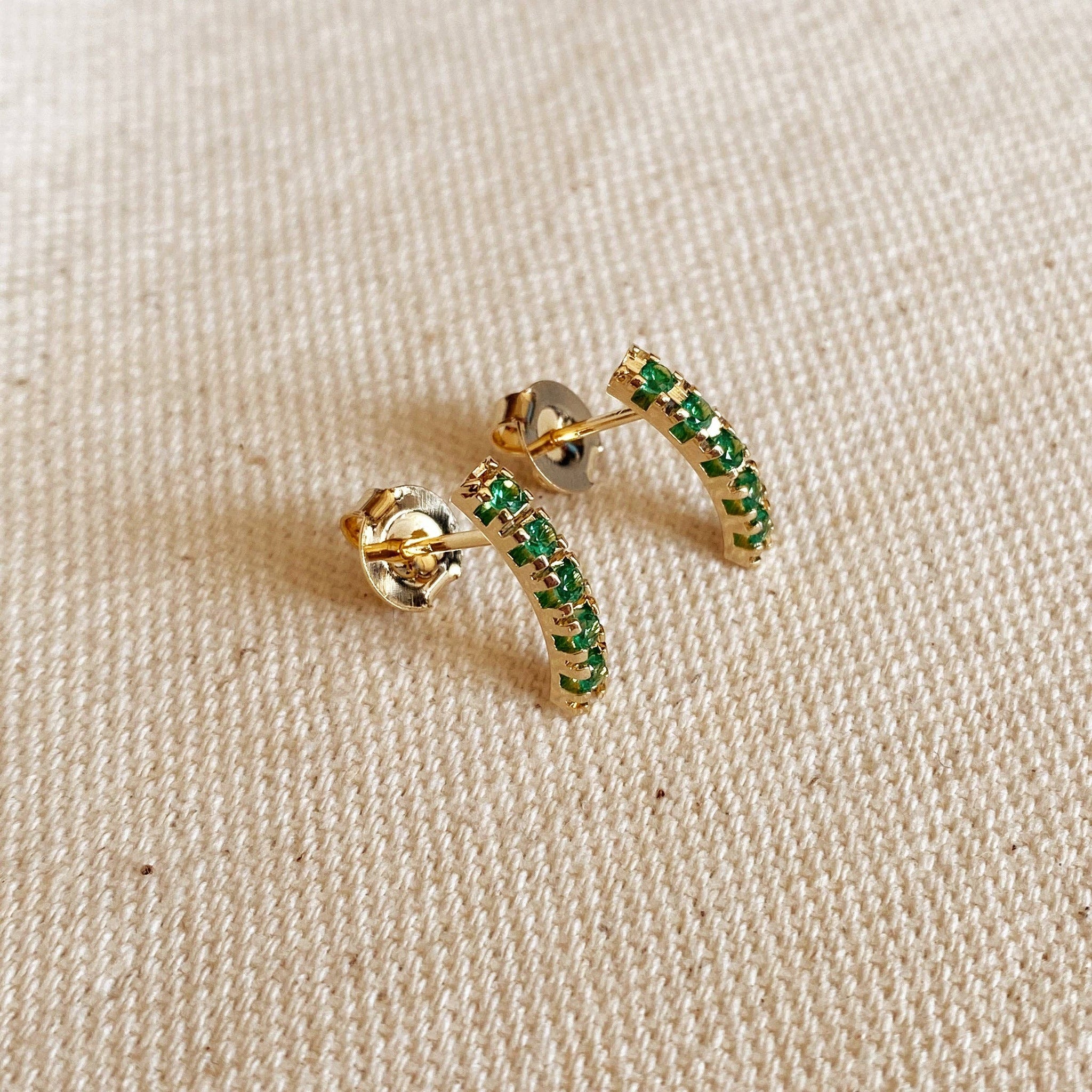 18k Gold Filled Curved Bar Emerald Green Crystal Stud Earrings