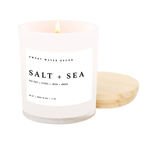 Soy Candle - Salt + Sea - White Jar Candle + Wood Lid